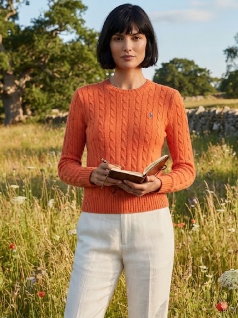 Lauren Ralph Lauren Orange Cotton Cable Knit Crewneck Sweater Size M